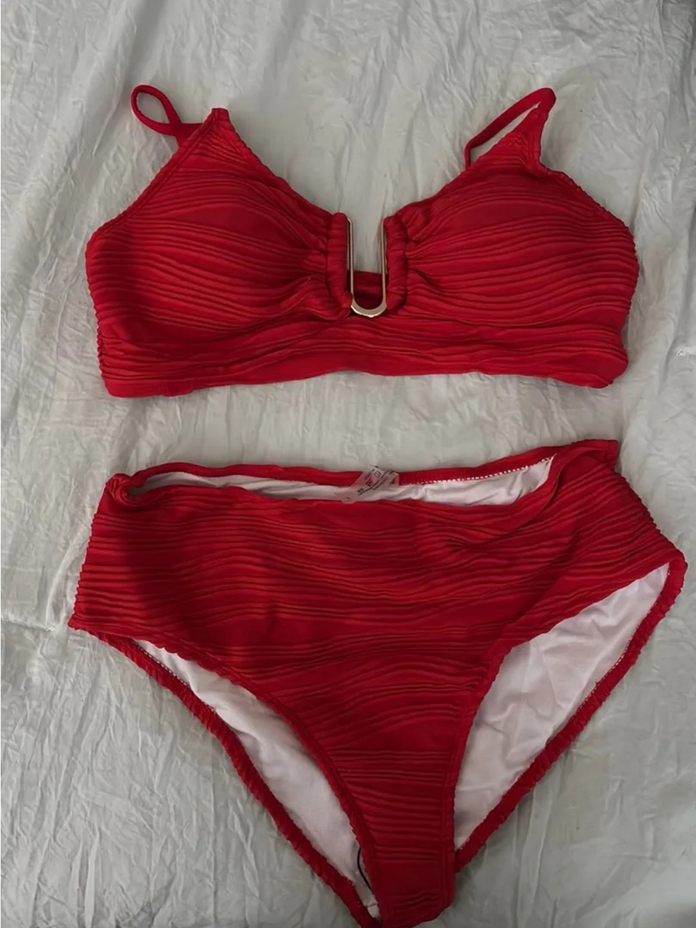 Red Textured V‑Wire Bikini Set - Women Swim Bikinis